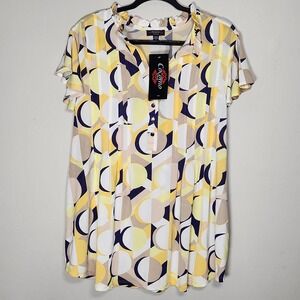Cocomo Womens 1X Yellow Navy Beige Geometric Abstract Blouse Pintuck Pleated NEW